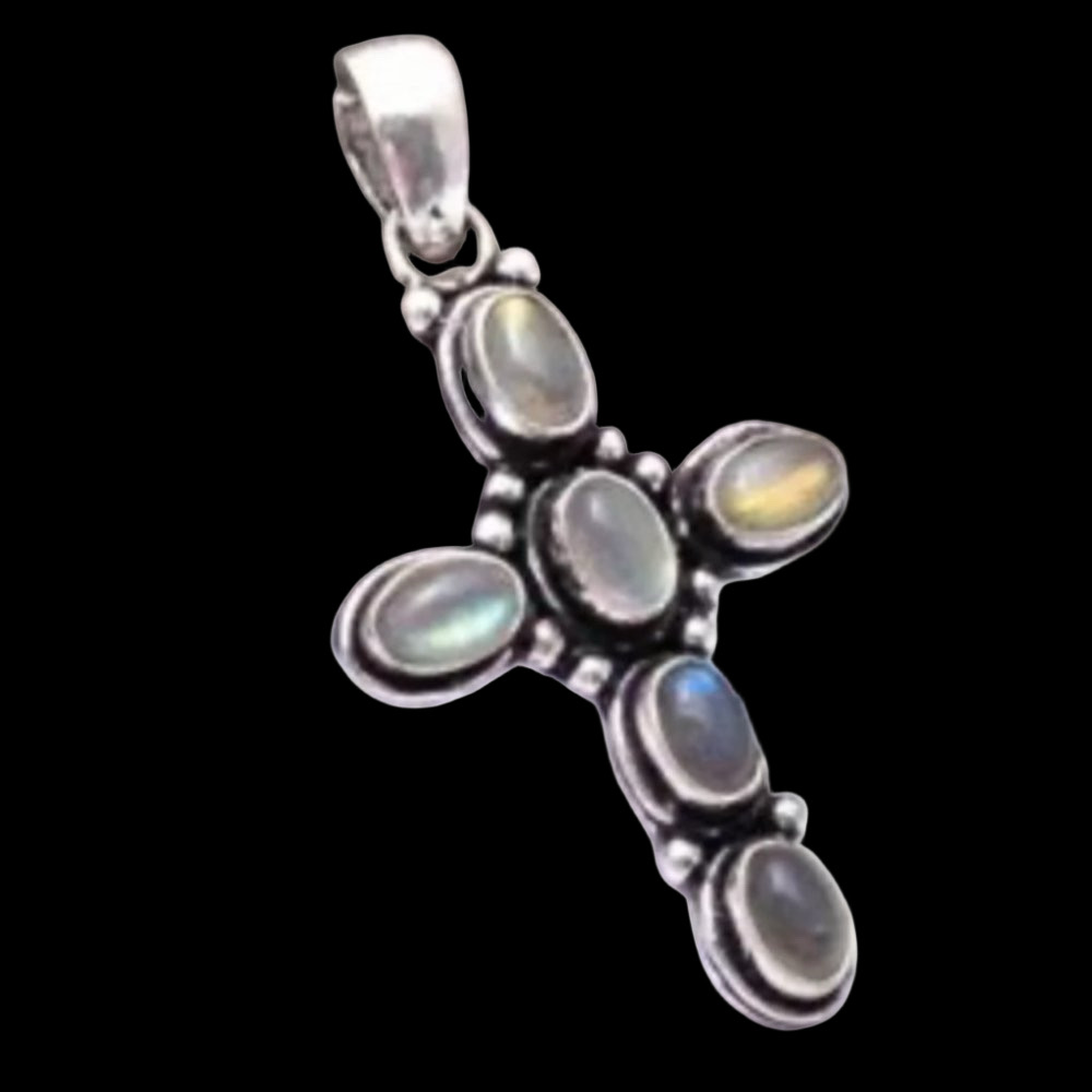 Handcrafted Natural Flashy Labradorite & 925 Silver Cross Pendant